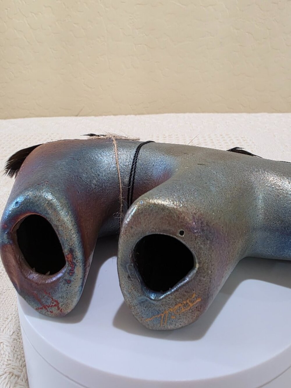 Jeremy Diller Raku Pottery Spirit Bear Fetish Figurine Turquoise Eye Feathers B2 - Picture 12 of 17